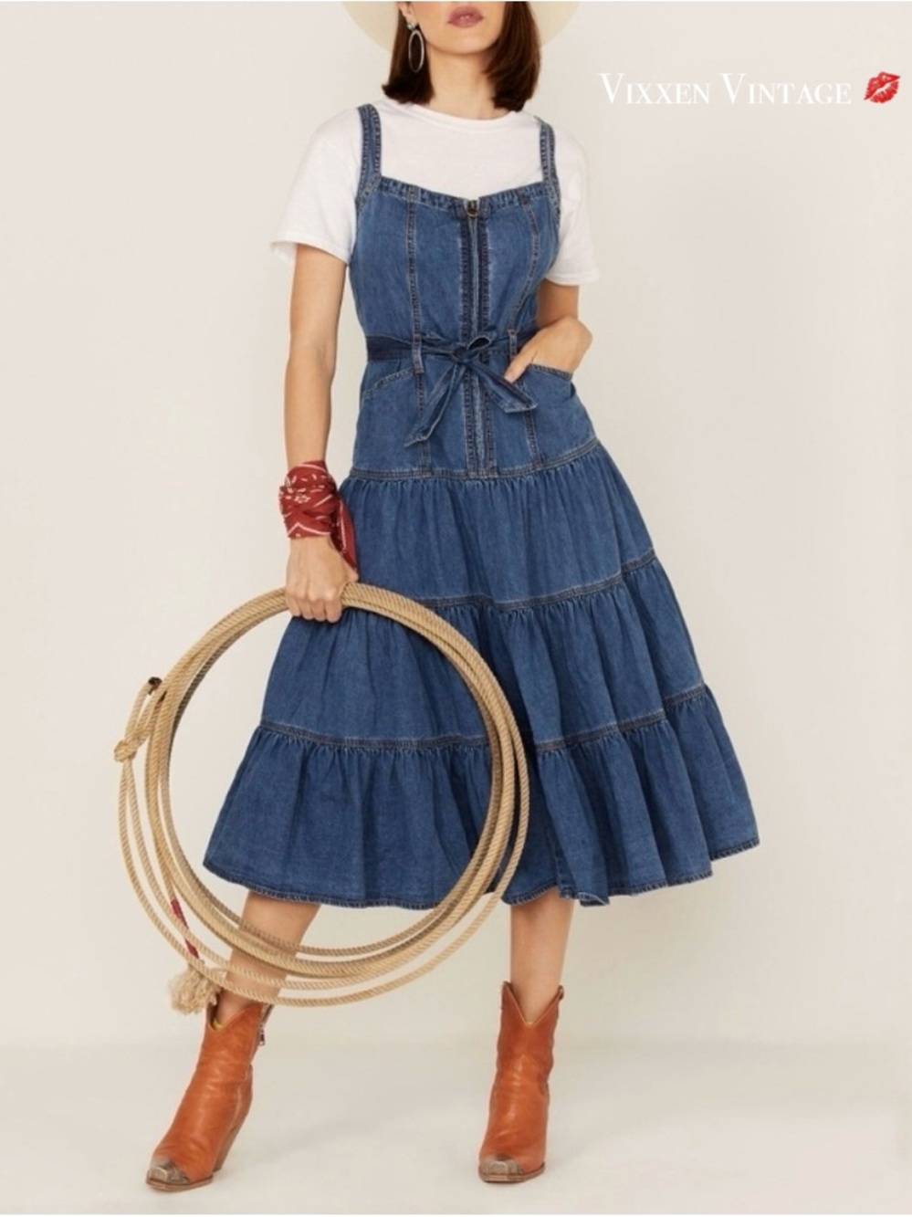 DRIFTWOOD 'BISSIE TIERED DENIM SLEEVELESS MIDI DRESS' IN BLUE